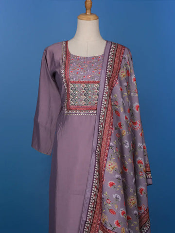 Lavender Floral Designed Semi Silk Straight Cut Salwar Suit - Diadem