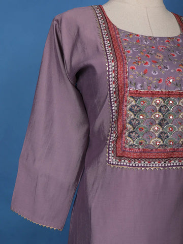 Lavender Floral Designed Semi Silk Straight Cut Salwar Suit - Diadem