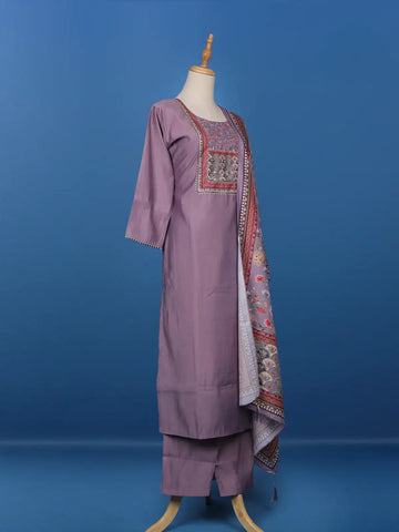 Lavender Floral Designed Semi Silk Straight Cut Salwar Suit - Diadem