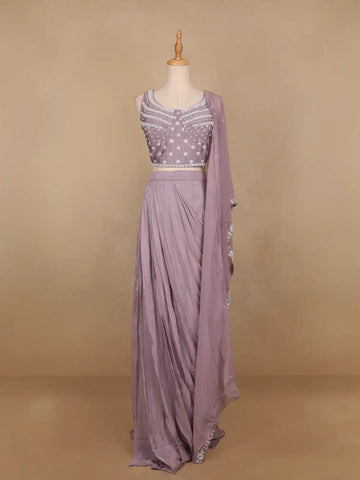 Lavender Floral Embroidery Crepe Silk Ready To Wear Saree with Designer Blouse - Diadem