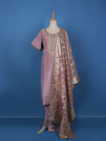 Lavender Floral Embroidery Tissue Silk Salwar Suit - Diadem