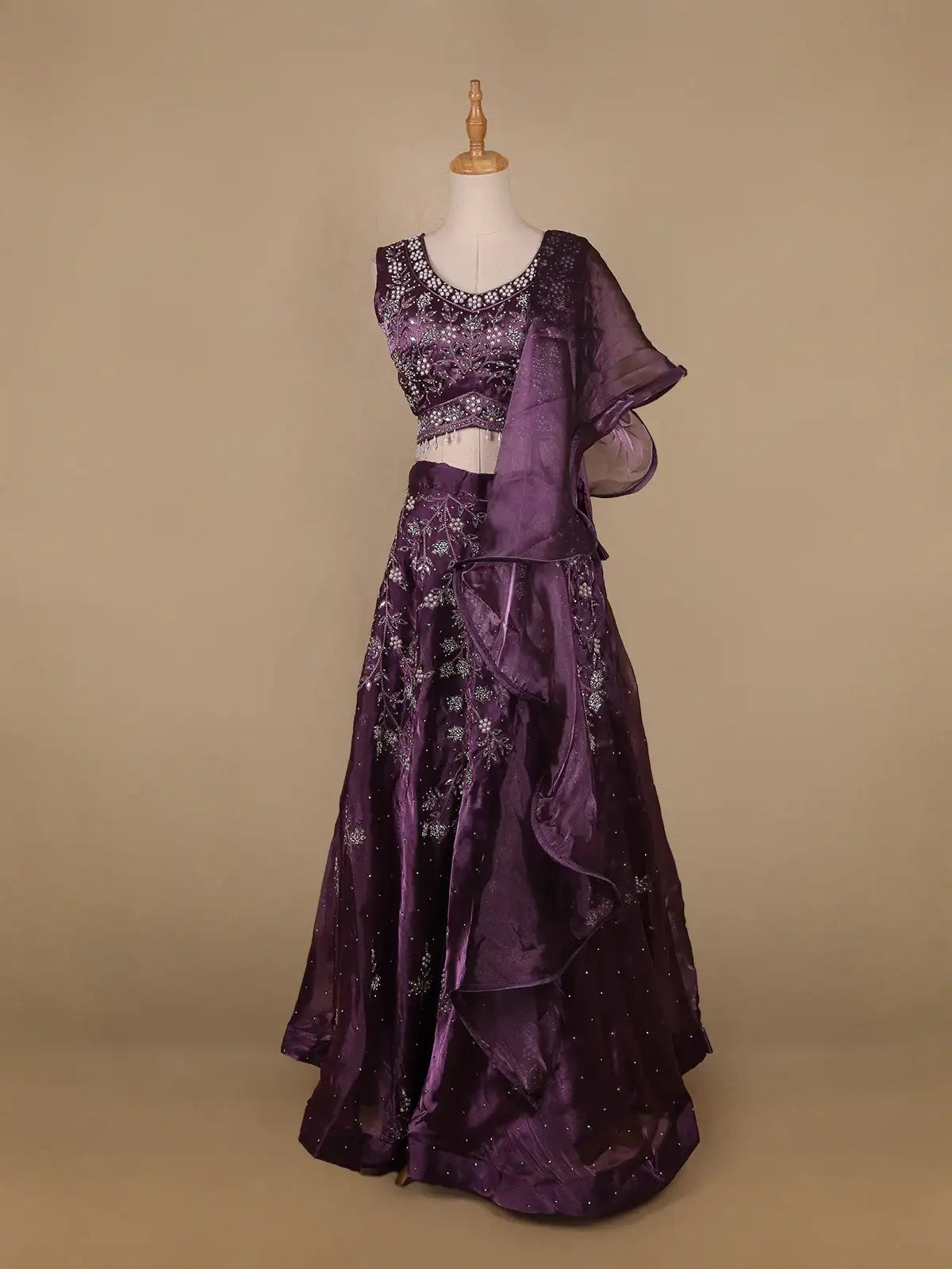 Lavender Floral and Stone Embroidery Bridesmaid Organza Lehenga - Diadem