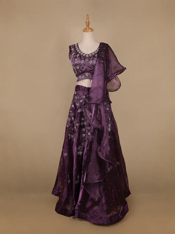 Lavender Floral and Stone Embroidery Bridesmaid Organza Lehenga - Diadem