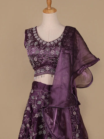Lavender Floral and Stone Embroidery Bridesmaid Organza Lehenga - Diadem