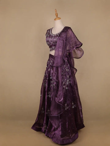 Lavender Floral and Stone Embroidery Bridesmaid Organza Lehenga - Diadem