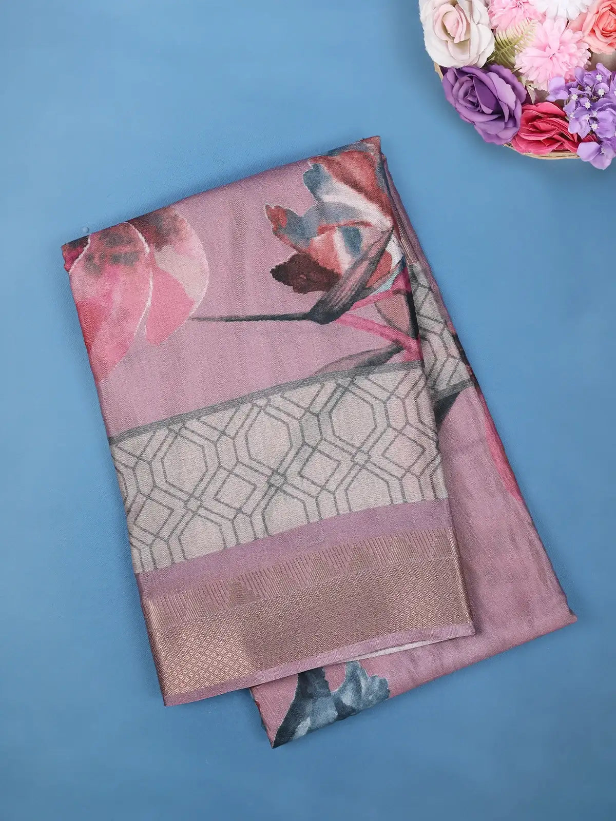 Lavender Geometric and Floral Printed Cotton Saree - Diadem