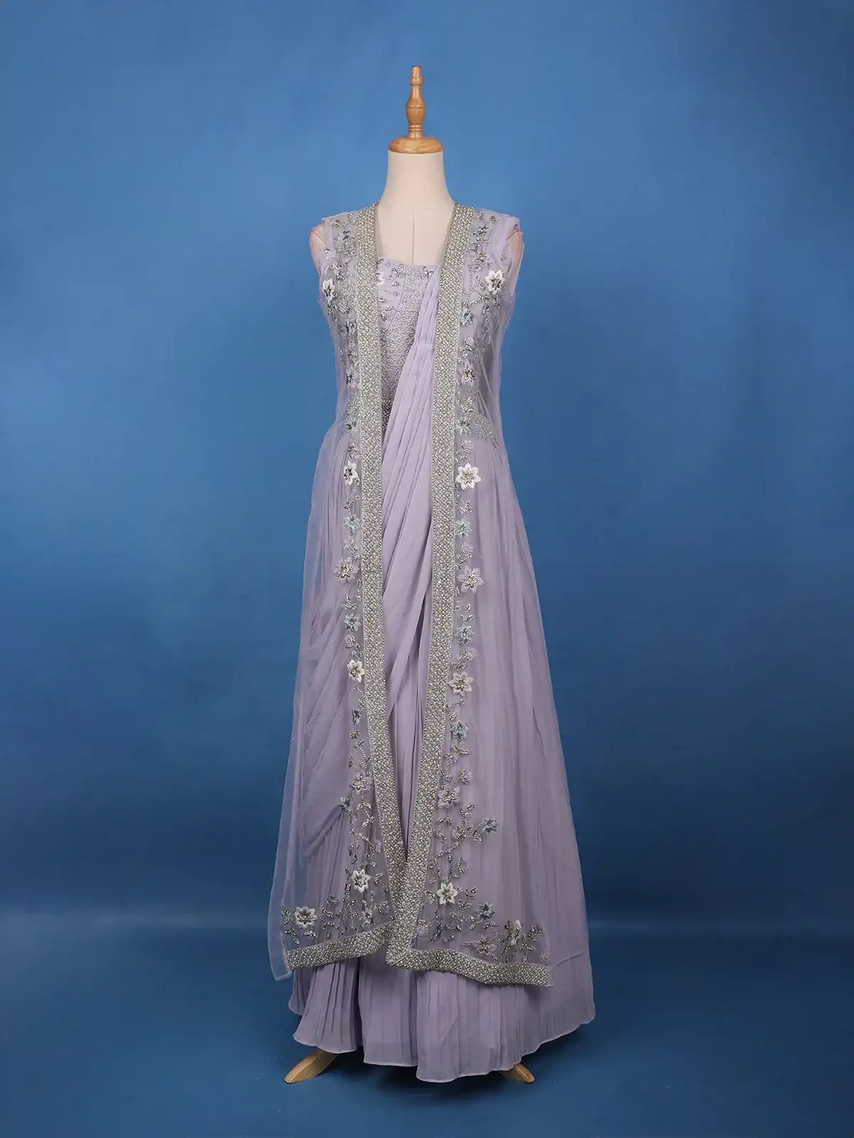 Lavender Grey Floral Embroidered Jacket Style Georgette Lehenga - Diadem