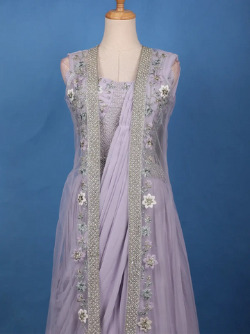 Lavender Grey Floral Embroidered Jacket Style Georgette Lehenga - Diadem