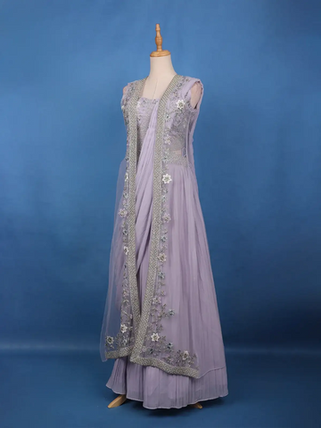 Lavender Grey Floral Embroidered Jacket Style Georgette Lehenga - Diadem