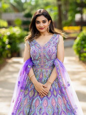 Lavender Net Mirror Worked Party Wear Gown - Diadem