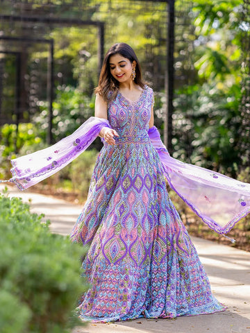 Lavender Net Mirror Worked Party Wear Gown - Diadem