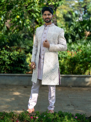 Lavender Raw Silk Floral Designed Sherwani Suit - Diadem