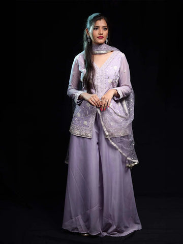 Lavender Sequins Embroidered Chiffon Palazzo Suit - Diadem