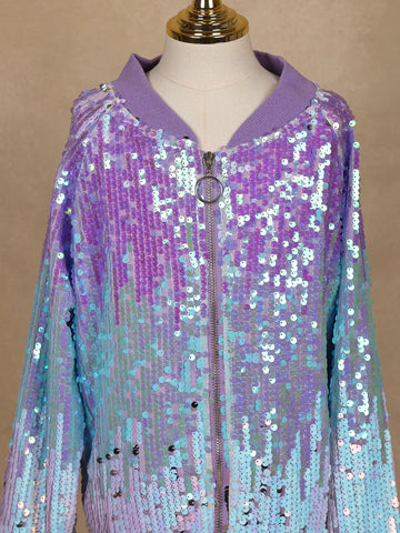 Lavender and Blue Dual-Tone Sequined Bomber Jacket - Diadem