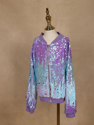 Lavender and Blue Dual-Tone Sequined Bomber Jacket - Diadem