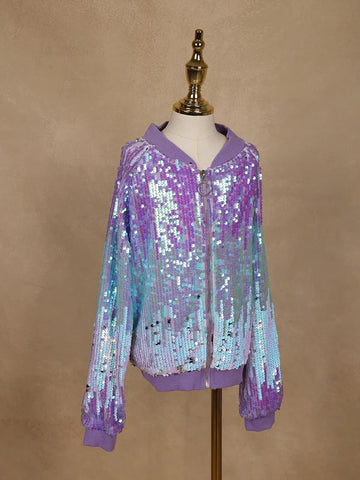 Lavender and Blue Dual-Tone Sequined Bomber Jacket - Diadem