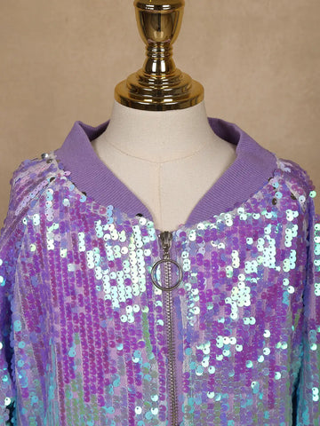 Lavender and Blue Dual-Tone Sequined Bomber Jacket - Diadem