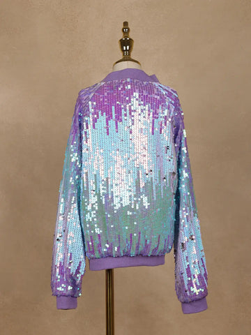 Lavender and Blue Dual-Tone Sequined Bomber Jacket - Diadem