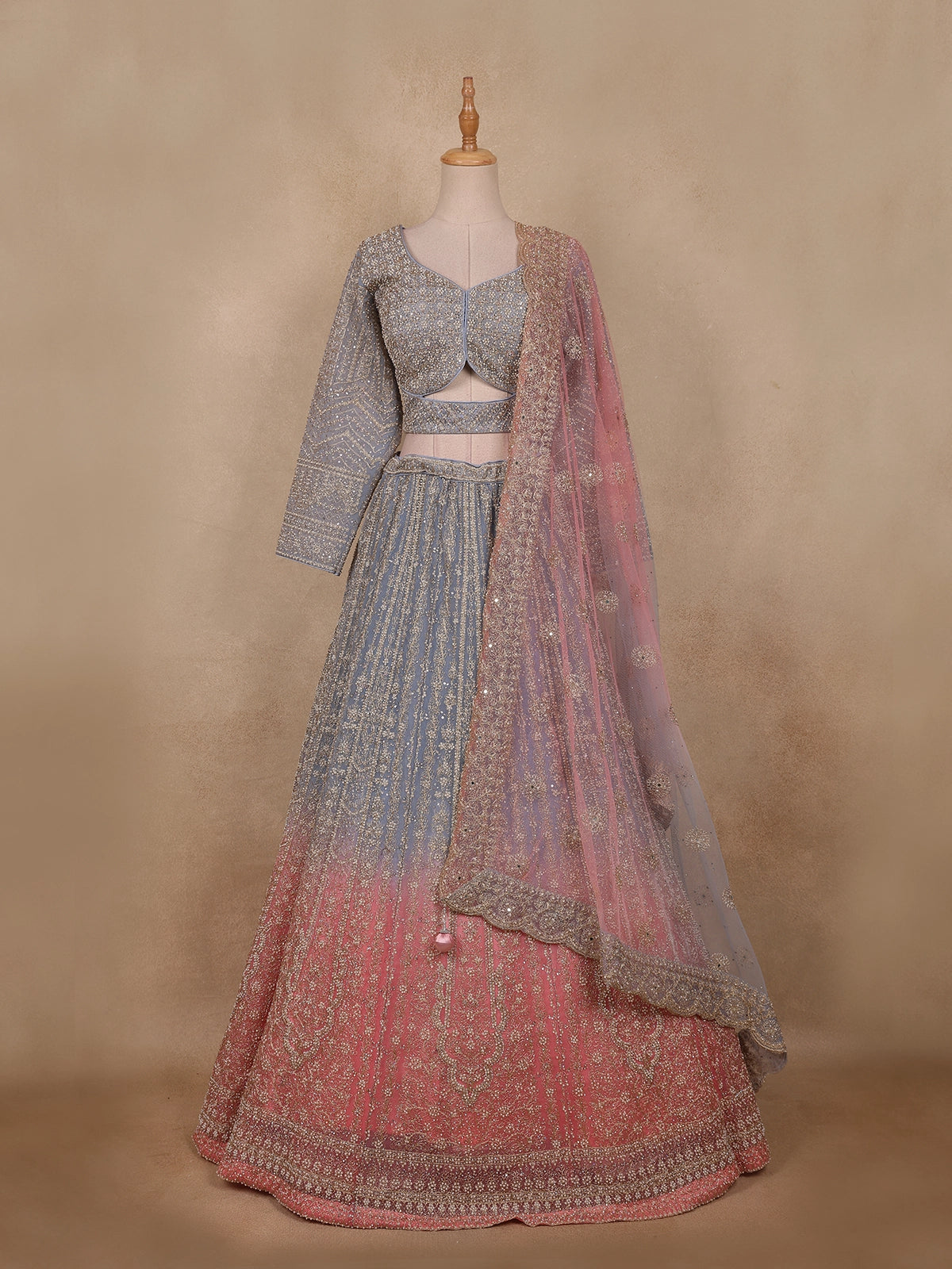 Lavender and Pink Ombre Sequins Embroidered Net Lehenga with Dupatta