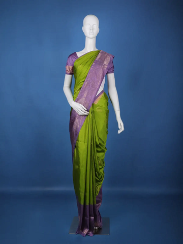 Leaf Green Floral Design Zari Woven Soft Silk Saree - Diadem