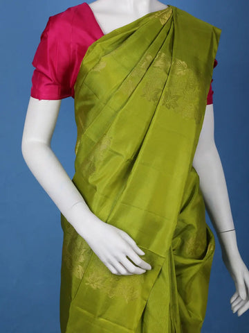 Leaf Green Floral Design Zari Woven Soft Silk Saree - Diadem