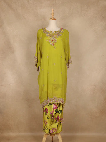 Leaf Green Floral Embroidered Georgette Kaftan Suit - Diadem