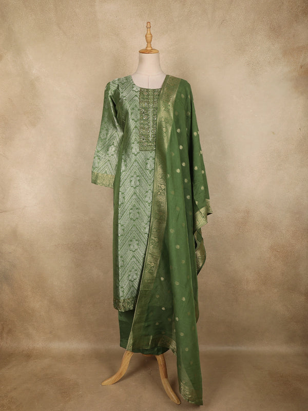 Leaf Green Paisley Zari Woven Design Banarasi silk Salwar Suit with Dupatta 