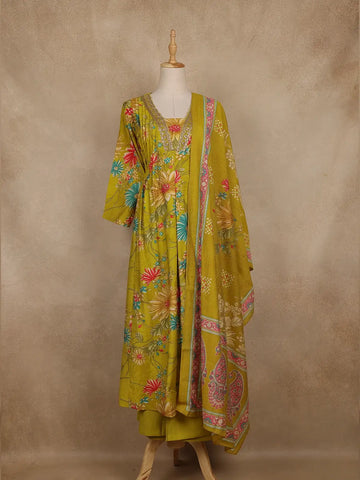 Lemon Green Floral Printed Cotton Salwar Suit With Dupatta - Diadem