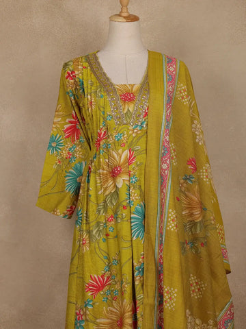 Lemon Green Floral Printed Cotton Salwar Suit With Dupatta - Diadem