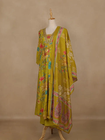 Lemon Green Floral Printed Cotton Salwar Suit With Dupatta - Diadem