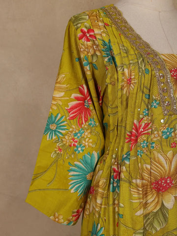 Lemon Green Floral Printed Cotton Salwar Suit With Dupatta - Diadem