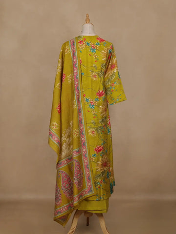 Lemon Green Floral Printed Cotton Salwar Suit With Dupatta - Diadem