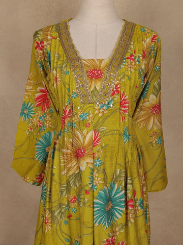 Lemon Green Floral Printed Cotton Salwar Suit With Dupatta - Diadem