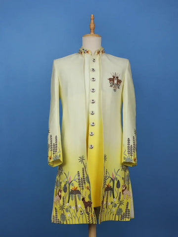 White Ombre Yellow Jungle-Themed Embroidered Polyester Sherwani Suit - Diadem