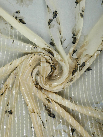 Light Beige Floral Print Sequin Design Chiffon Saree - Diadem