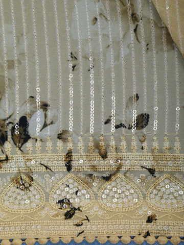 Light Beige Floral Print Sequin Design Chiffon Saree - Diadem