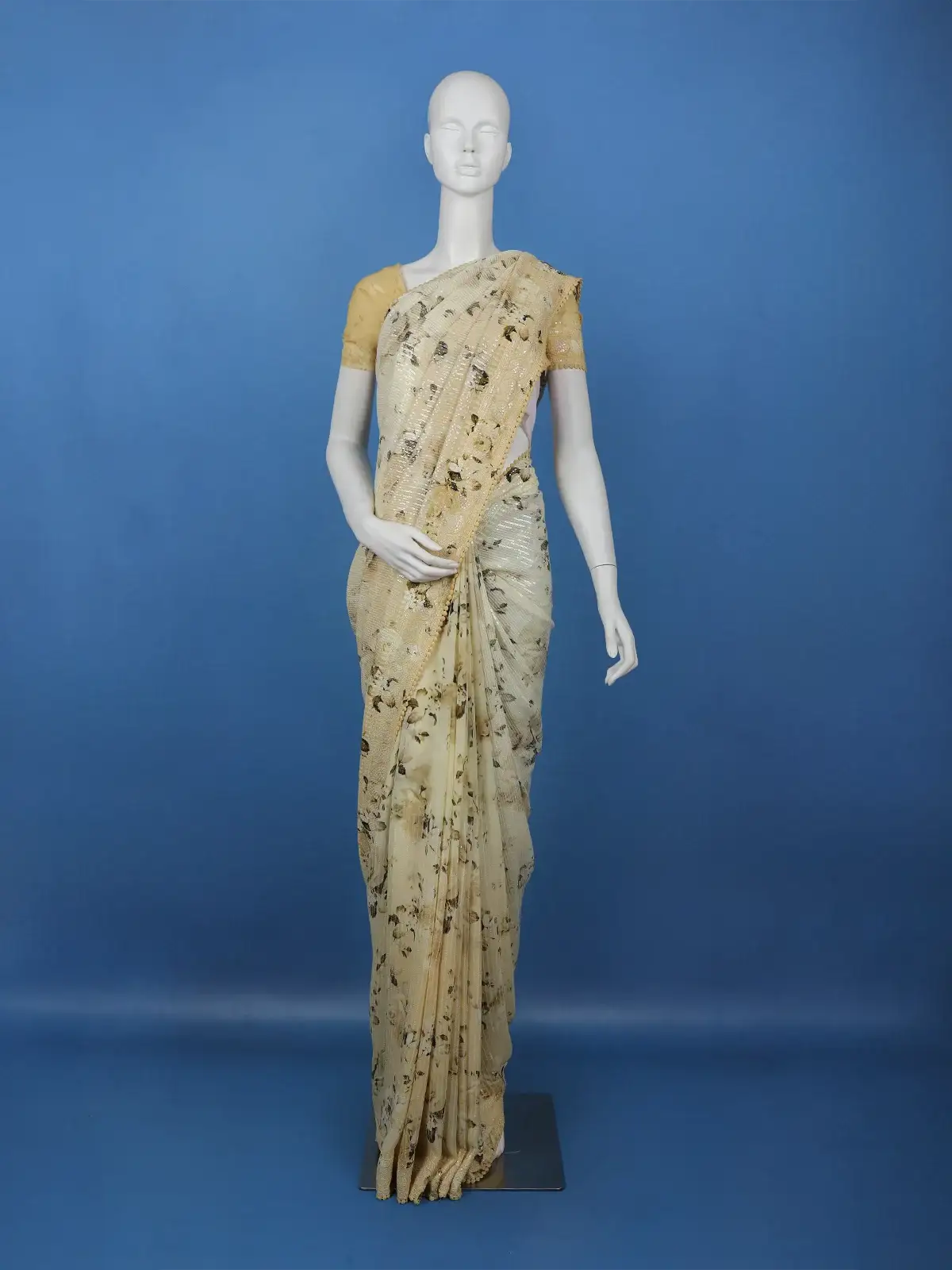 Light Beige Floral Print Sequin Design Chiffon Saree - Diadem