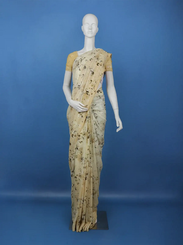 Light Beige Floral Print Sequin Design Chiffon Saree - Diadem