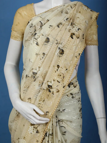 Light Beige Floral Print Sequin Design Chiffon Saree - Diadem