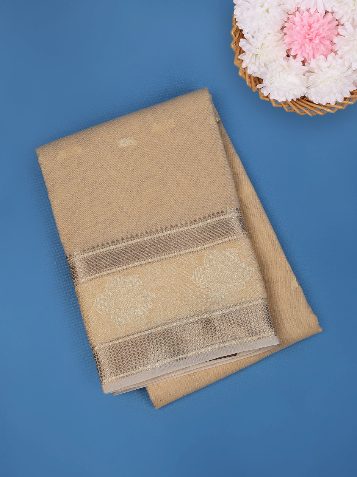 Light Beige Solid Design Fancy Cotton Saree