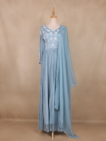 Light Blue Floral Design Crepe Gown - Diadem