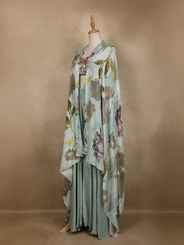 Light Blue Floral Design Synthetic Palazzo Suit - Diadem