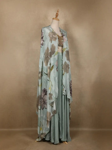 Light Blue Floral Design Synthetic Palazzo Suit - Diadem