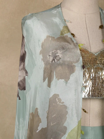 Light Blue Floral Design Synthetic Palazzo Suit - Diadem