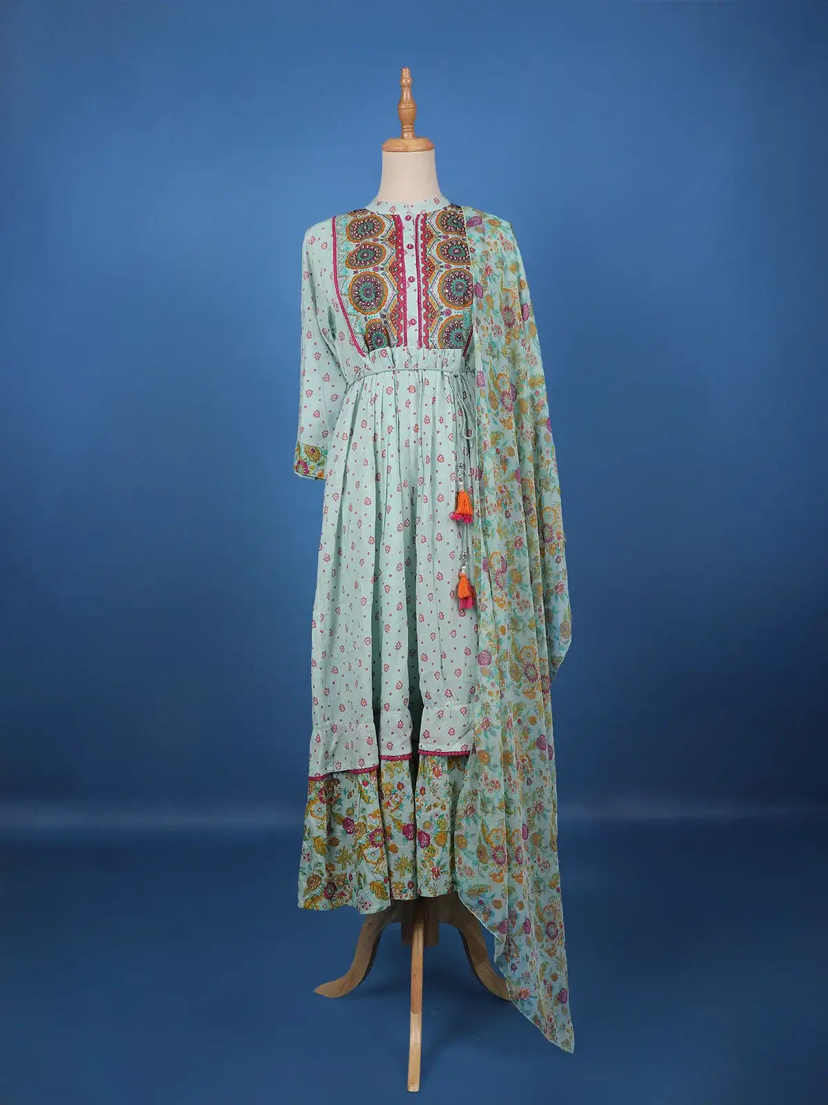 Light Blue Floral Designed Cotton Kurti - Diadem