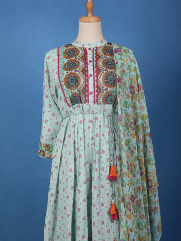 Light Blue Floral Designed Cotton Kurti - Diadem