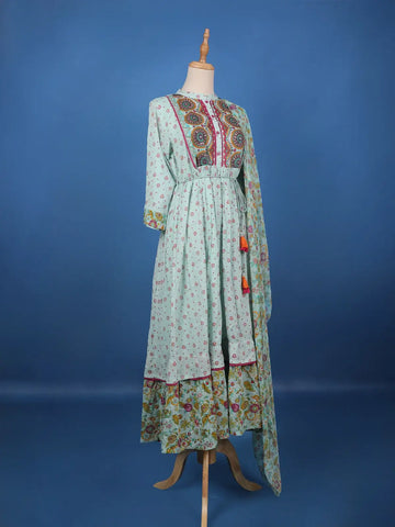 Light Blue Floral Designed Cotton Kurti - Diadem