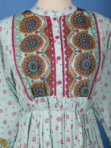 Light Blue Floral Designed Cotton Kurti - Diadem