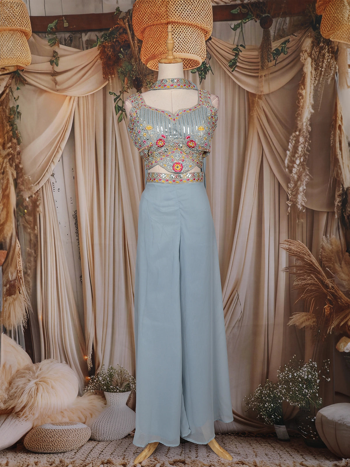 Light Blue Floral Embroidered Design Chiffon Palazzo Suit