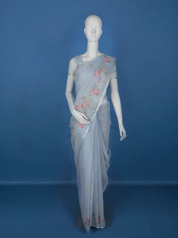 Light Blue Floral Embroidered Kota Cotton Saree - Diadem